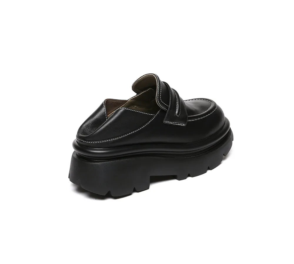 Women Leather Black Platform Chunky Loafers Evanna