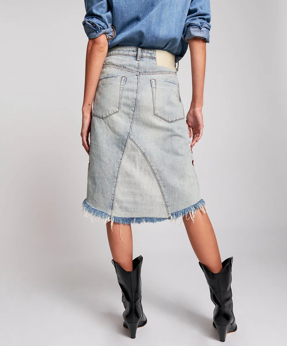 WOODSTOCK EMBROIDERED LONGLINE TRUCKER SKIRT