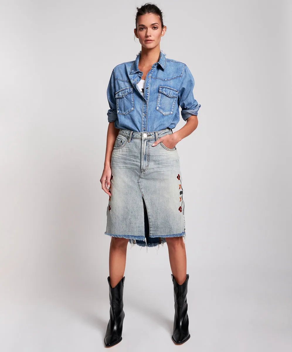 WOODSTOCK EMBROIDERED LONGLINE TRUCKER SKIRT