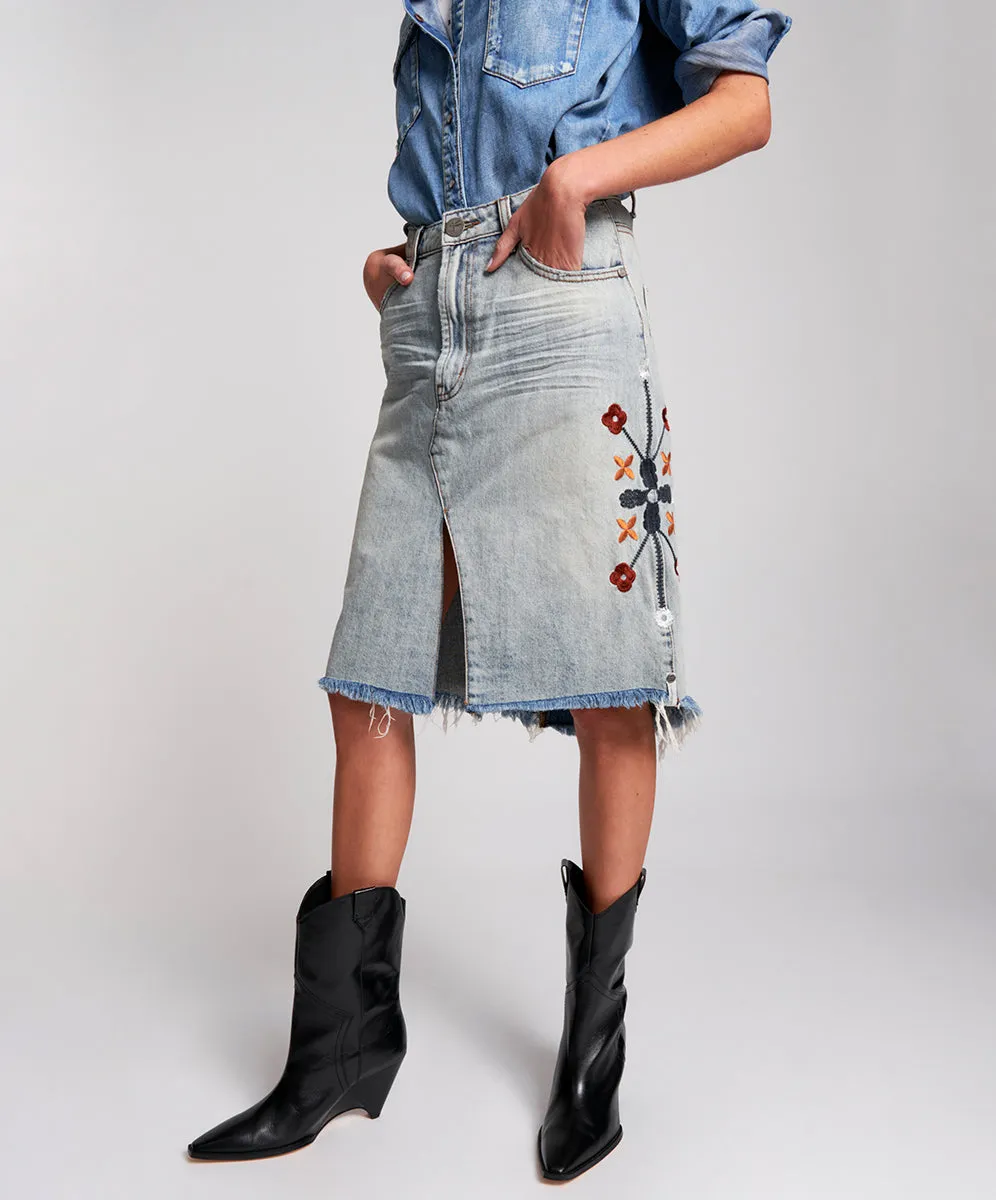 WOODSTOCK EMBROIDERED LONGLINE TRUCKER SKIRT