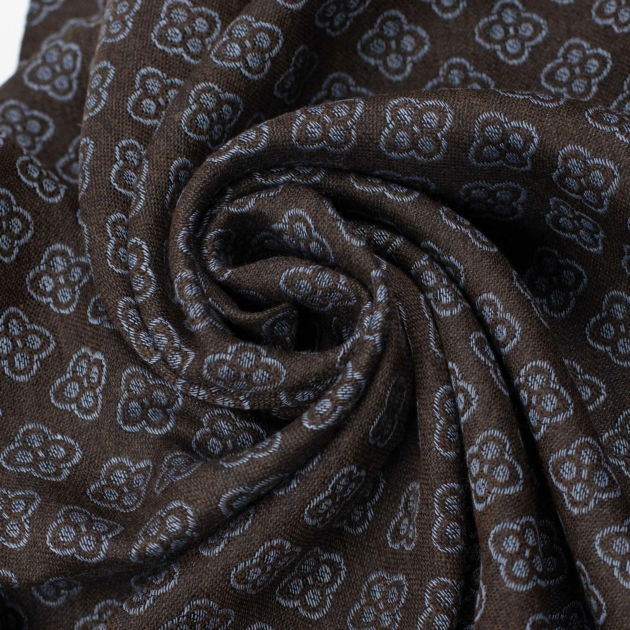 Wool & silk reversible stole, blue and brown with jacquard flower patterns