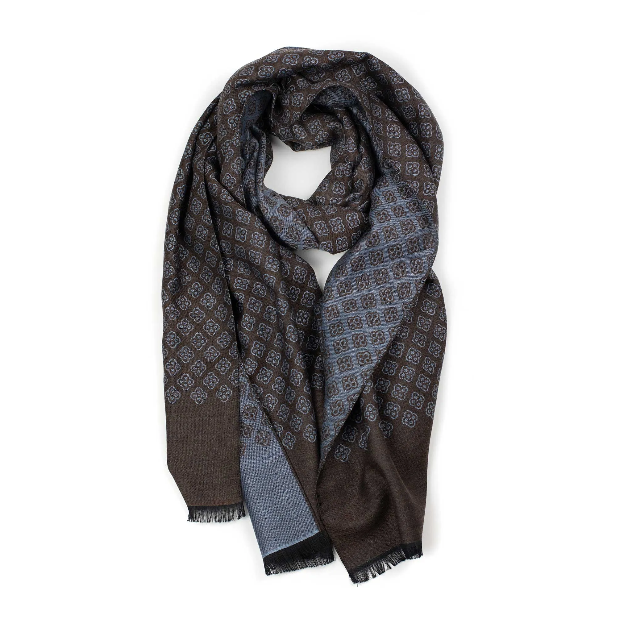 Wool & silk reversible stole, blue and brown with jacquard flower patterns