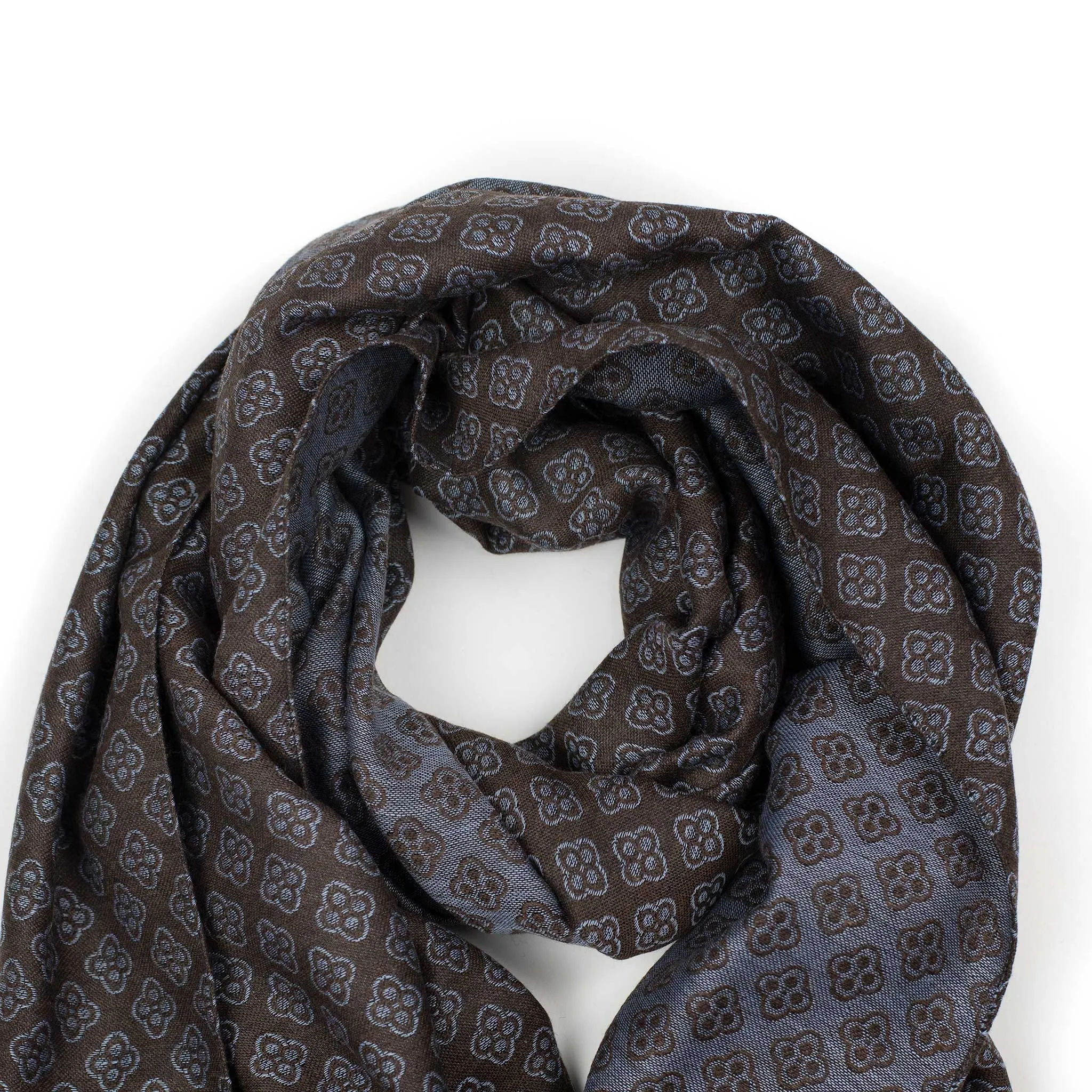 Wool & silk reversible stole, blue and brown with jacquard flower patterns