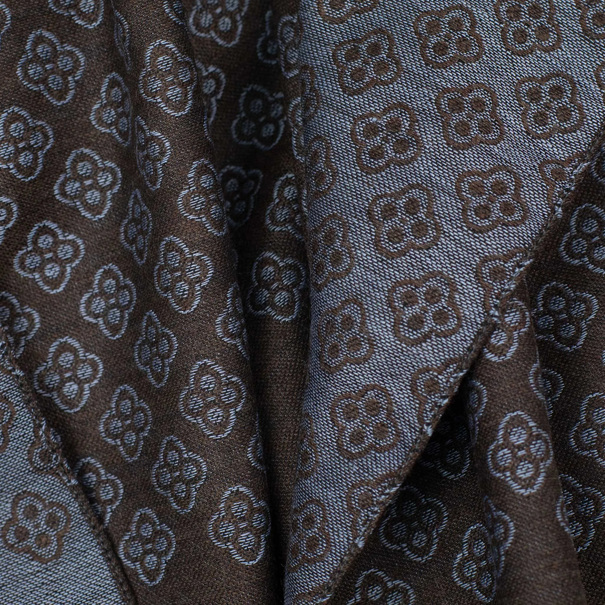 Wool & silk reversible stole, blue and brown with jacquard flower patterns